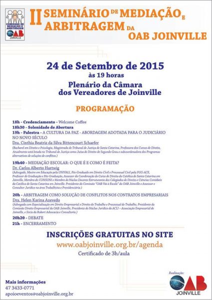 OAB Joinville promover� o II Semin�rio de Media��o e Arbitragem no dia 24/09/15