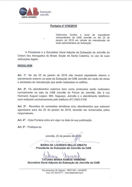 Portaria n� 18/2019 - Determina hor�rio e local de expediente extraordin�rio da OAB Joinville