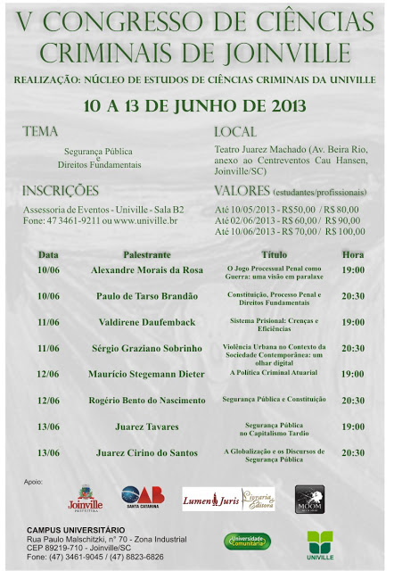 V Congresso de Ci�ncias Criminais de Joinville ser� em junho