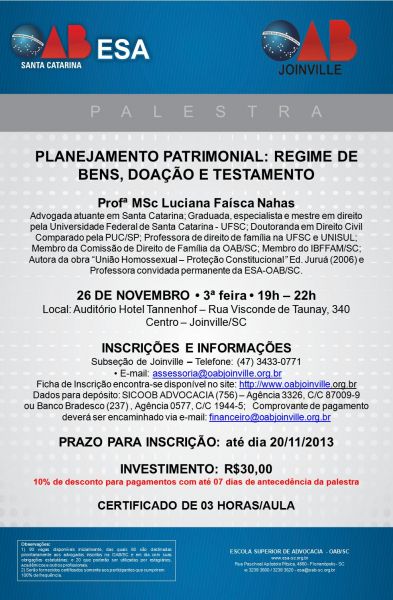 Planejamento Patrimonial � o tema da pr�xima palestra em parceria com a ESA