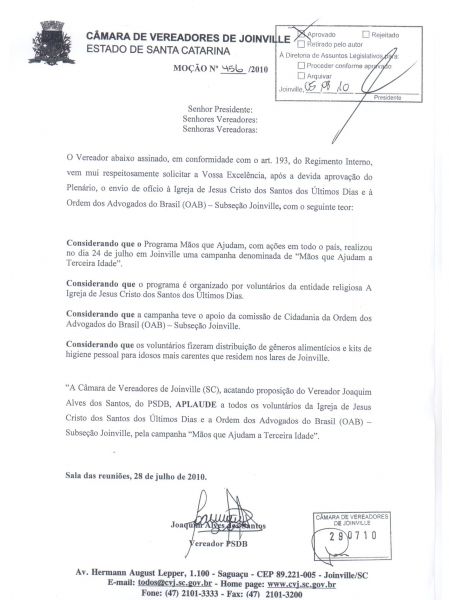 C�mara de Joinville aprova Mo��o de Aplauso para a Comiss�o de Cidadania da OAB Joinville