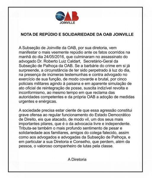 Nota de Rep�dio e solidariedade da OAB Joinville