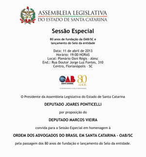 Sess�o solene marca os 80 anos da OAB/SC nesta quinta-feira
