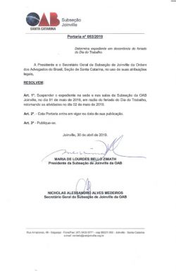 Portaria n� 053/2019 - Determina expediente em decorr�ncia do feriado do Dia do Trabalho