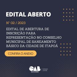 Edital aberto: Inscri��o para representa��o no Conselho Municipal de Saneamento B�sico da Cidade de Itapo�