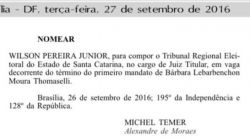 Dr. Wilson Pereira J�nior � nomeado Juiz Titular do TRE/SC -Tribunal Regional Eleitoral de Santa Catarina