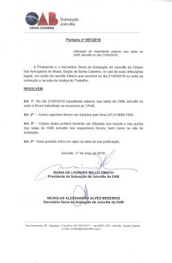 Portaria 057-2019 - Altera��o de expediente externo das salas da OAB Joinville nos f�runs no dia 21.05
