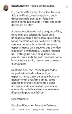 Pedido de desculpas: Dra. Caroline Bundchen Felisbino Teixeira