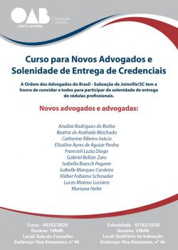 Curso para novos Advogados e Entrega de Credenciais ocorrer� entre dias 6 e 7 de fevereiro na OAB Joinville