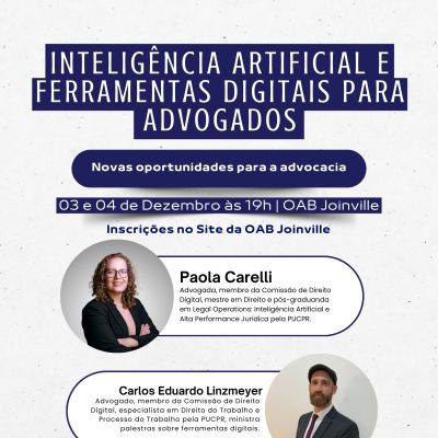 OAB Joinville receber� palestra sobre "Intelig�ncia Artificial e Ferramentas Digitais para Advogados�.